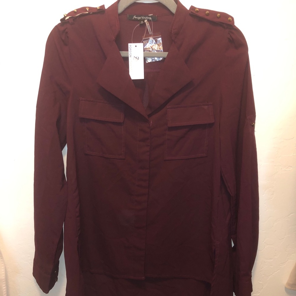 Burgundy Chiffon Button Down Shirt